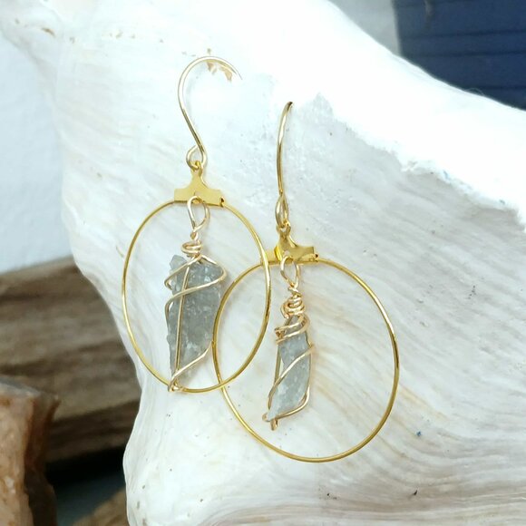 BOGO EARRINGS Raw Crystal Dangle Hoop Earrings, Assorted Gemstones - Picture 2 of 7